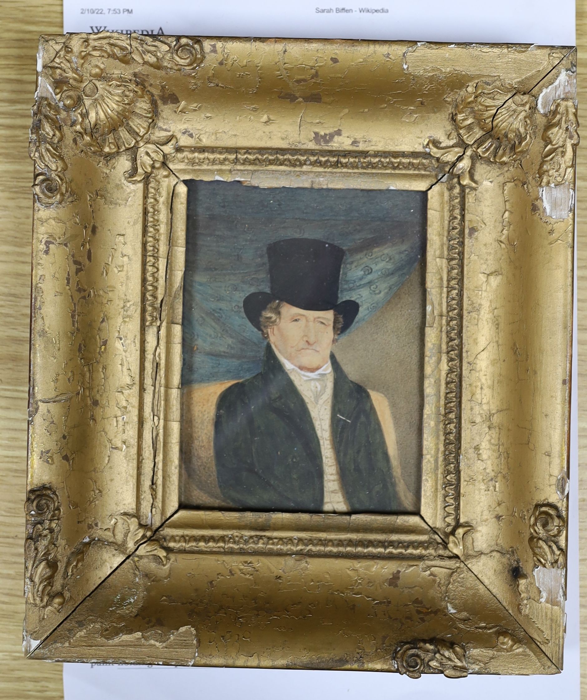 Miss Sarah Biffen (1784-1850), watercolour, Portrait of Samuel Williams Senior 1833, inscribed verso, 30 x 10cm